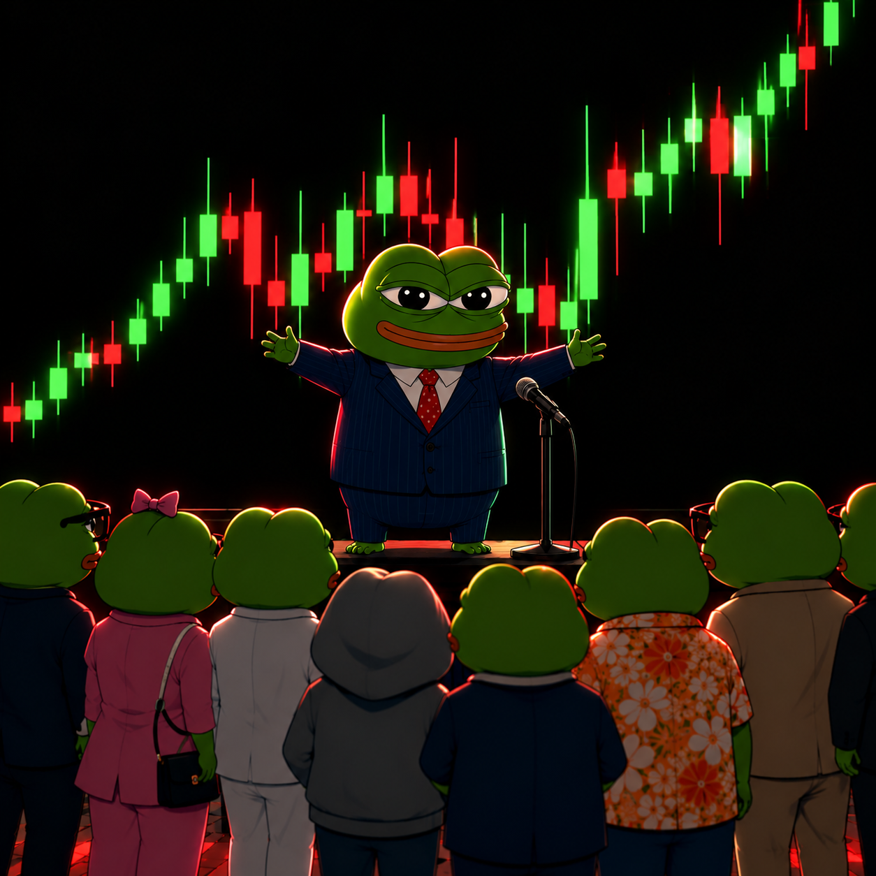 Pepe Powell speaking in front of a rising candlestick chart